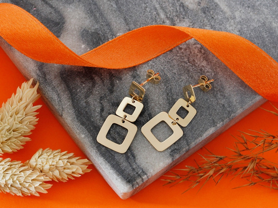 Kolczyki złote wiszące z trzech ruchomych kwadratów