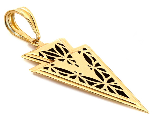 Złota zawieszka trójkątna z czarną emalia z ażurem