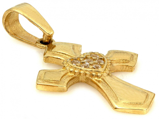 Złota zawieszka krzyżyk z sercem z cyrkoniami