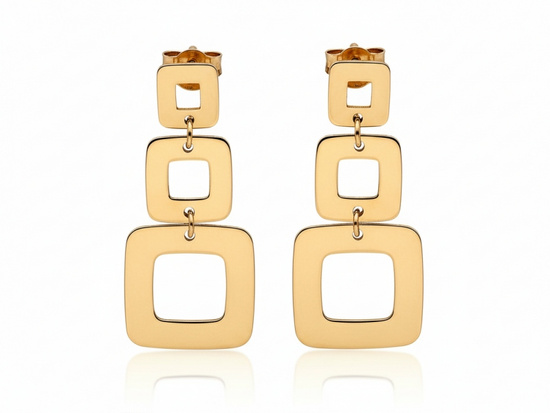 Kolczyki złote wiszące z trzech ruchomych kwadratów