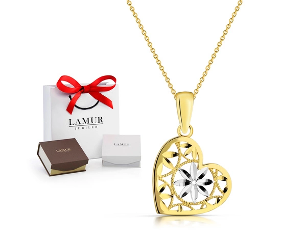 Złoty naszyjnik 375 - ażurowe serce z kwiatem