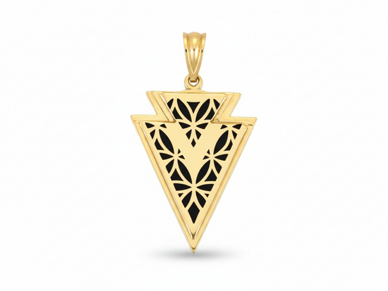 Złota zawieszka trójkątna z czarną emalia z ażurem