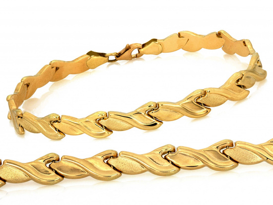 Bransoletka złota elementowa tłoczona z satynowymi dodatkami