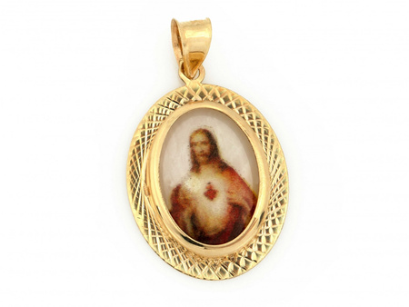 Zawieszka złota medalik owalny z emaliowanym Jezusem serce Jezusa
