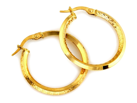 Złote kolczyki koła z motywem drogi greckiej 26mm