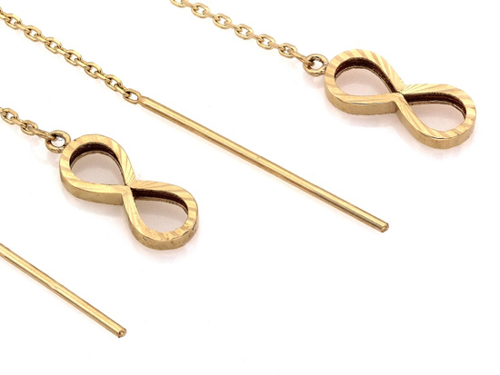 Kolczyki złote długie przeciągane z wiszącą nieskończonością