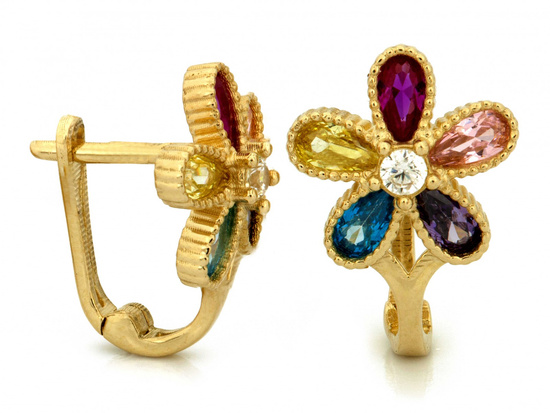 Kolczyki złote kolorowy kwiatek z cyrkoniami angielskie zapięcie