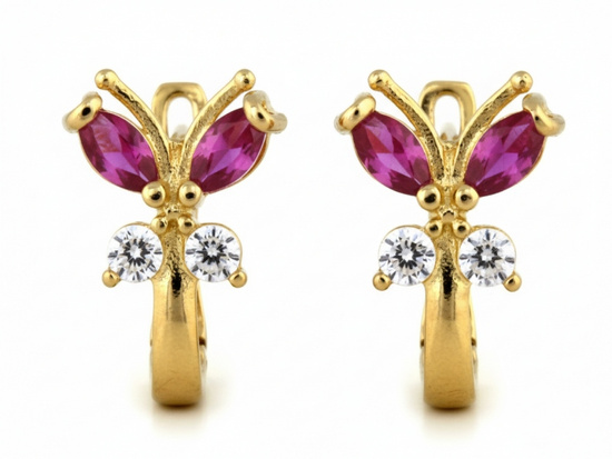 Kolczyki złote angielskie motylki z czerwonymi cyrkoniami