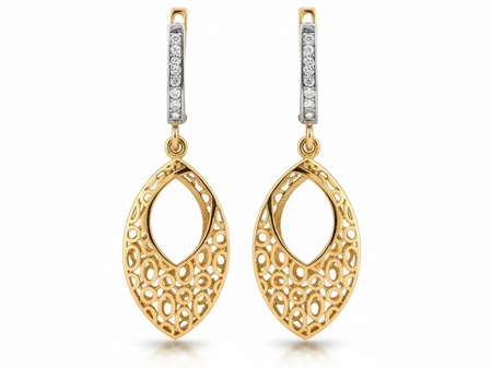 Kolczyki złote wiszące ażurowe z cyrkoniami z białym rodem