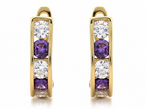 Złote kolczyki przecinki z fioletowymi cyrkoniami