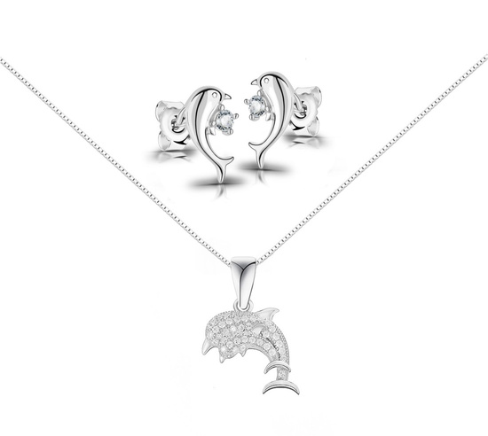 Zestaw srebrny 925 naszyjnik z kolczykami - delfinki