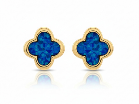 Kolczyki złota koniczyna kwiatek z niebieskim kamieniem na sztyfcie