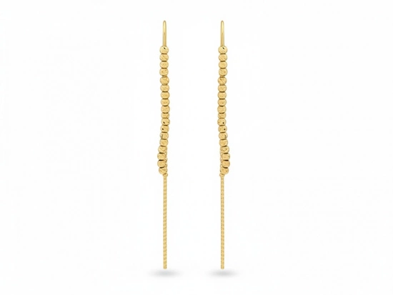Kolczyki złote długie przewlekane z błyszczącymi kuleczkami