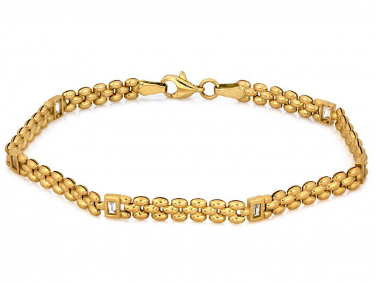 Bransoletka złota taśma z tłoczonych elementów z cyrkoniami