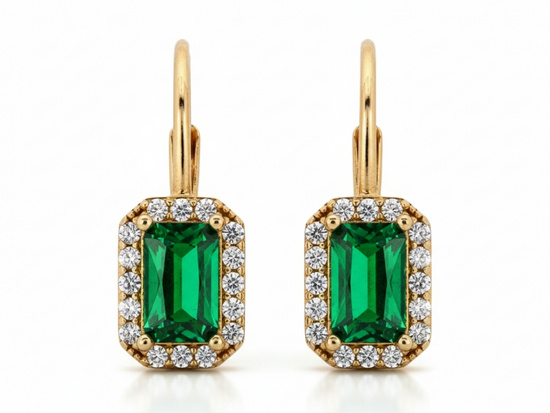 Kolczyki złote prostokątna zielona cyrkonia w oprawie zapięcie angielskie