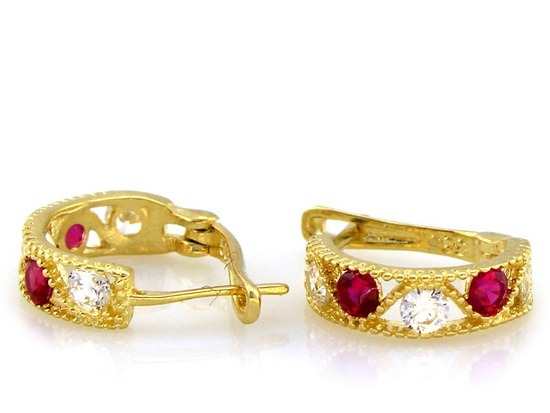 Kolczyki złote dla dziewczynki z czerwonymi cyrkoniami