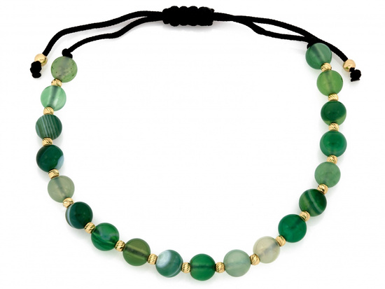Bransoletka złote kulki i zielone kamienie na czarnym sznurku