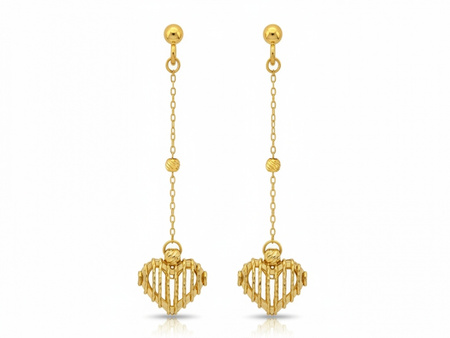 Kolczyki złote wiszące na długim łańcuszku z ażurowym sercem