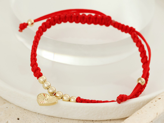 Bransoletka złota serce i kulki na czerwonym sznurku