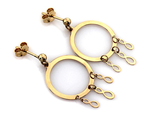 Kolczyki złote kółka z wiszącymi nieskończonościami