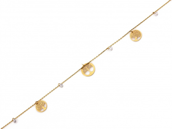 Złota bransoletka z trzema zawieszkami drzewka szczęścia