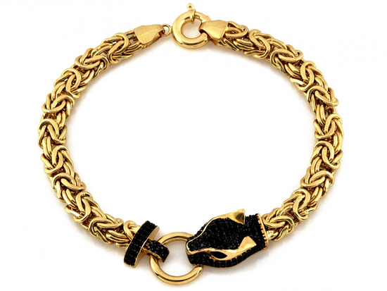 Bransoletka złota gruba okazała z głową pantery czarne kamienie