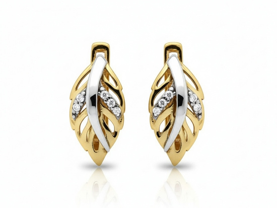 Kolczyki złote z liściem z cyrkoniami