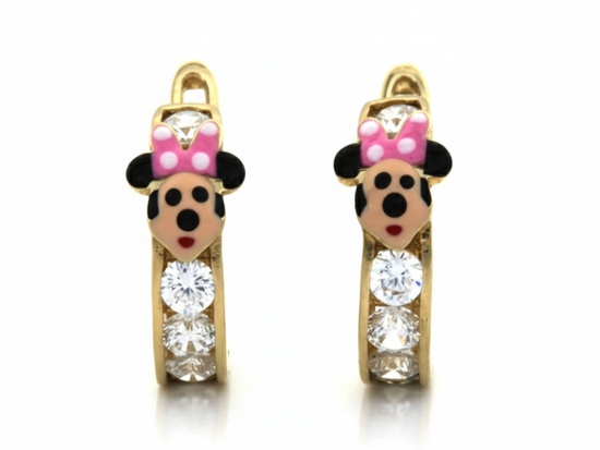 Kolczyki złote dla dziewczynki z emaliowaną myszką