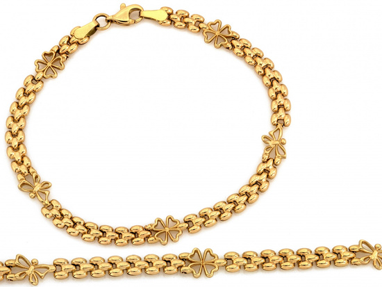 Oryginalna złota bransoletka elementowa z koniczynkami i motylkami