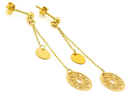 Złote kolczyki długie wiszące z ażurowym kółkiem wzór grecki