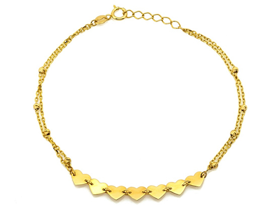 Złota bransoletka podwójna z sercami z kulkami