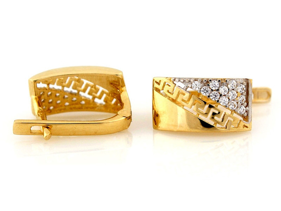 Złote kolczyki z cyrkoniami i greckim wzorem na każdą okazje