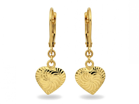 Kolczyki złote angielskie z wiszącym błyszczącym sercem