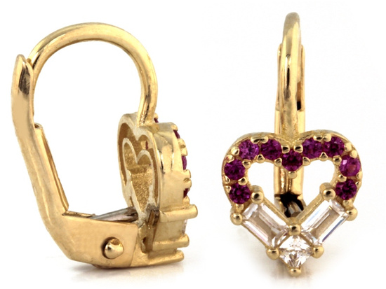 Kolczyki złote angielskie z sercami z czerwonymi cyrkoniami