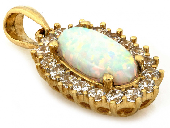 Zawieszka złota owalna a opalem i cyrkoniami