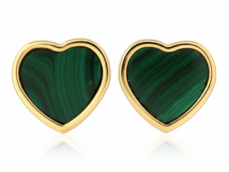 Kolczyki złote serce na sztyfcie z malachitem