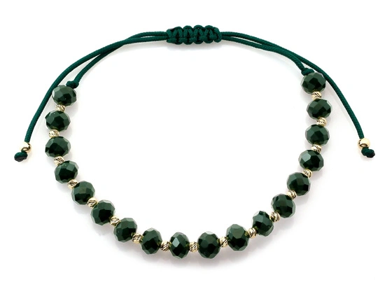 Bransoletka złote kulki i zielone kamienie na zielonym sznurku