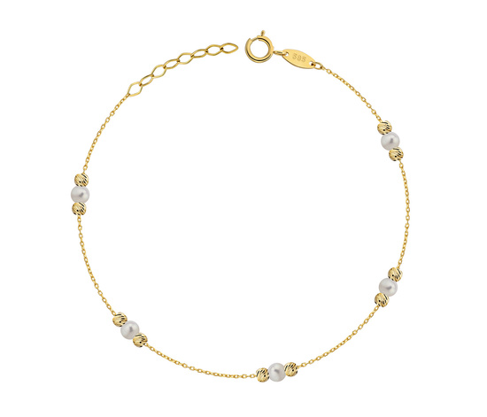 Złota bransoletka 585 z perłami i diamentowanymi kuleczki - 17 - 19 cm