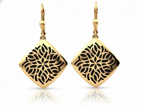 Kolczyki złote wiszące kwadraty z czarną emalią