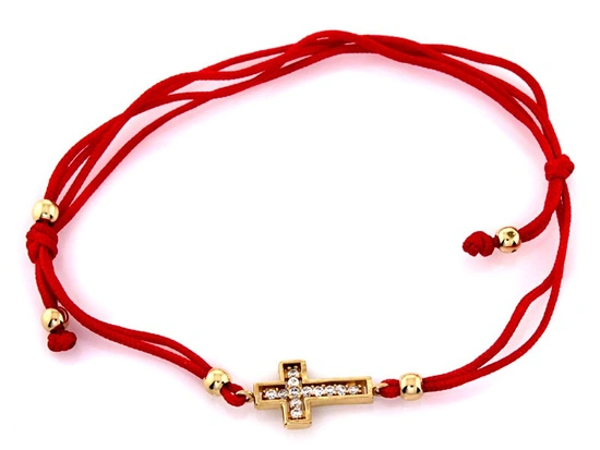 Bransoletka złota krzyżyk z cyrkoniami na czerwonym sznurku