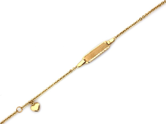 Złota bransoletka dla dziecka z blaszką pod grawer i serduszkiem