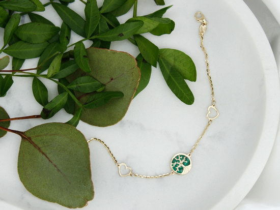 Złota bransoletka serca drzewko szczęścia malachit