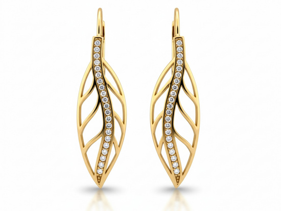 Kolczyki złote długie sztywne ażurowe liście