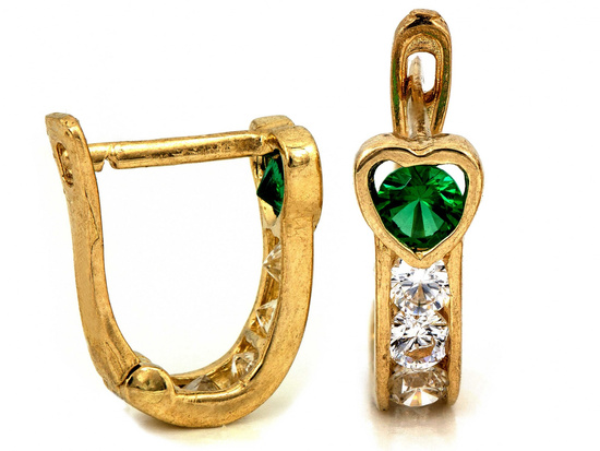 Kolczyki złote dla dziewczynki z serduszkiem z zielonymi cyrkoniami