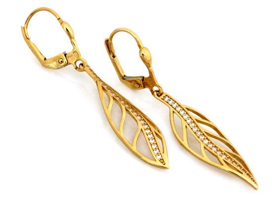 Kolczyki złote długie sztywne ażurowe liście