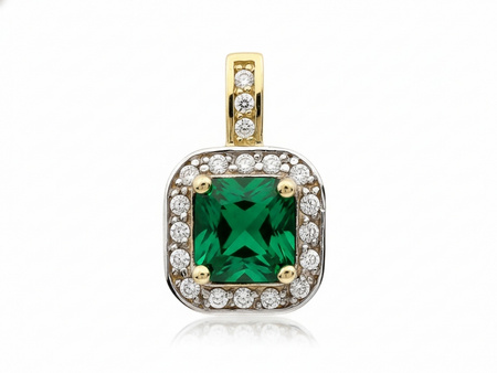 Zawieszka złota kwadratowa ze szmaragdem i cyrkoniami