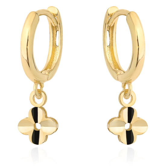 Złote kolczyki 585 kółeczka z diamentowanymi koniczynkami