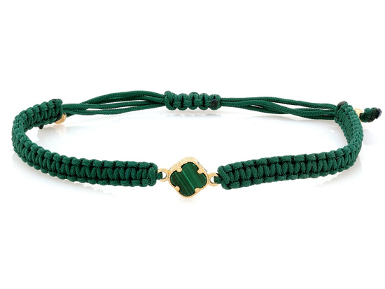 Bransoletka złota koniczynka marokańska z malachitem na zielonym sznurku