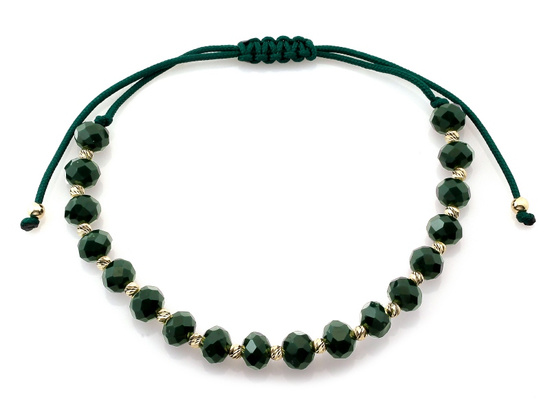 Bransoletka złote kulki i zielone kamienie na zielonym sznurku