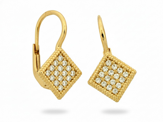 Kolczyki złote kwadraty z cyrkoniami angielskie zapięcie